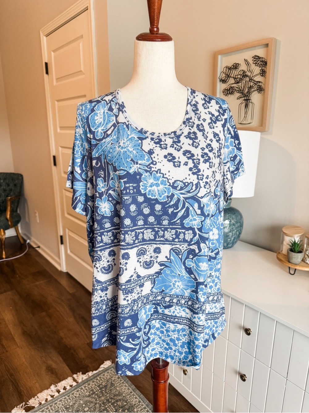 Blue Floral Scoop Neck Women's Top